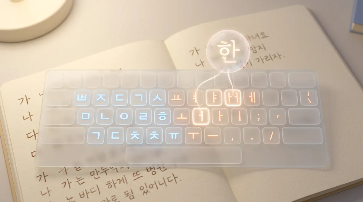 Transparent keyboard with Korean Hangul characters glowing on keys.