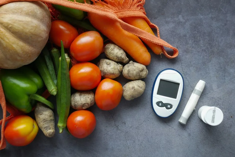 A hand holds a glucose meter near healthy vegetables and fruit.
