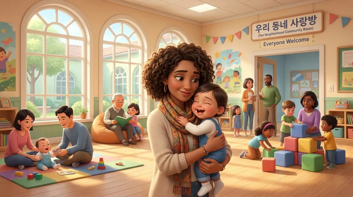 Diverse parents with their children interacting happily in a community support group.
