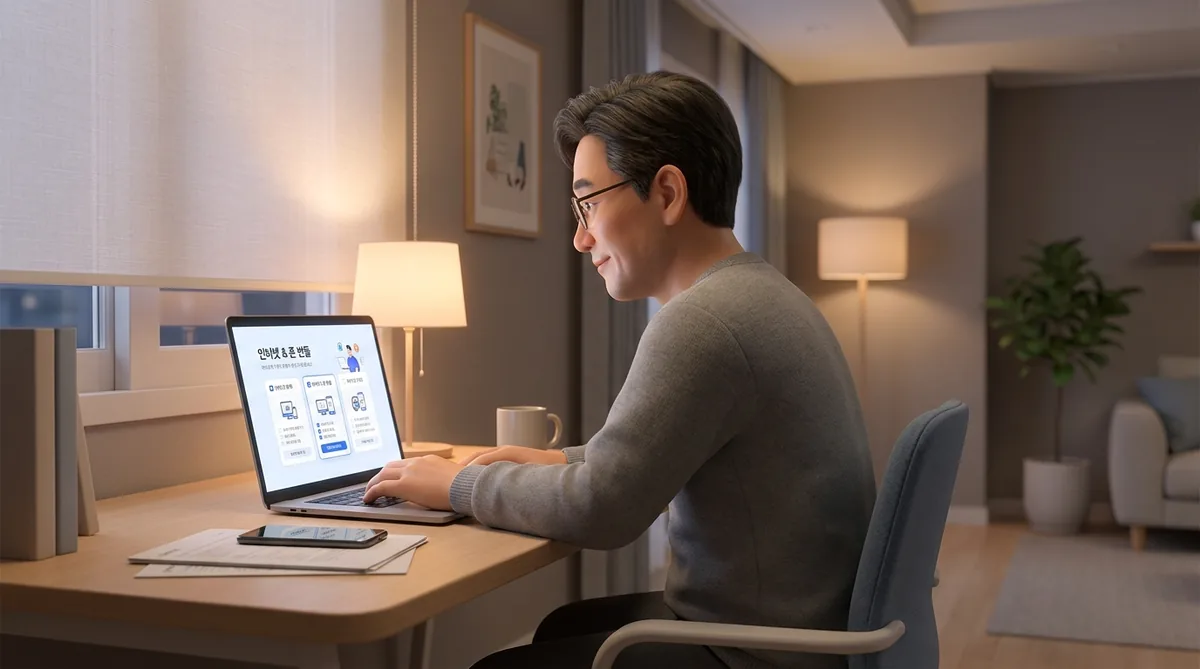 Man wearing glasses works at laptop displaying Korean text in modern home office.