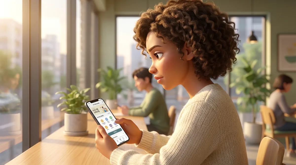 Woman with curly hair uses smartphone at wooden desk by window
