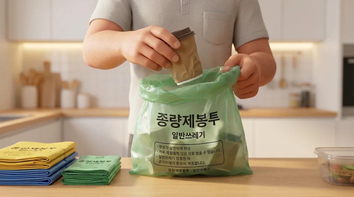 A person in a beige shirt placing a paper bag into a green kitchen recycling bin.