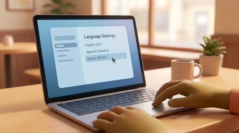 Person selecting Korean language option from computer settings menu.