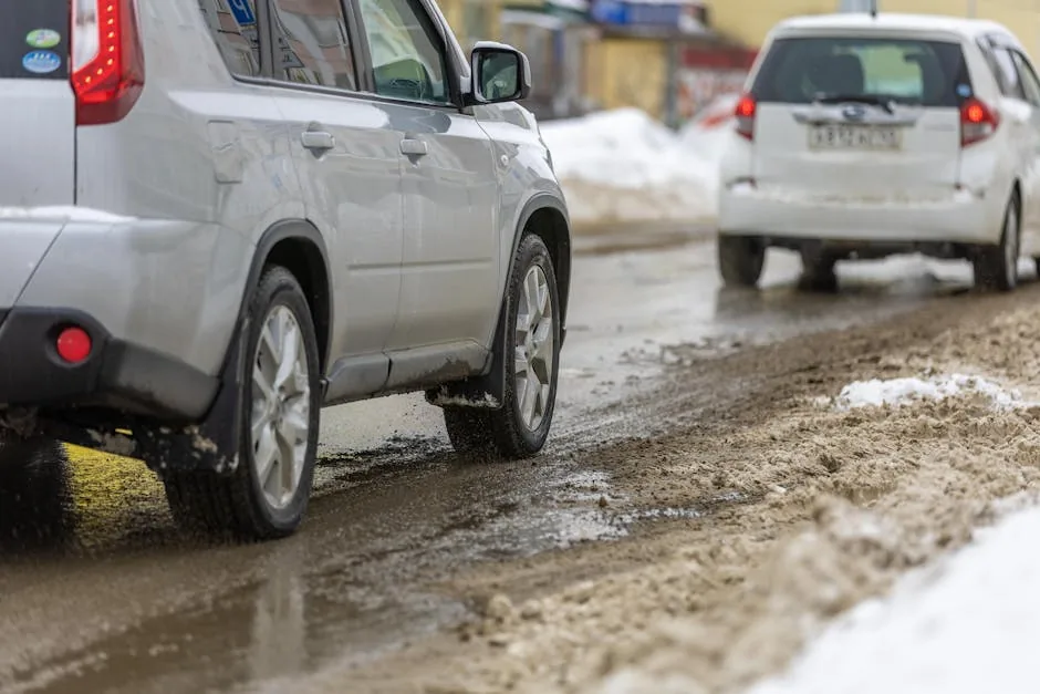 A snow-covered street in a Korean city with cars and buildings.