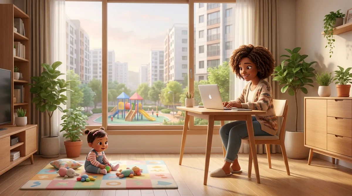 A modern family enjoying their spacious, well-designed apartment living room.