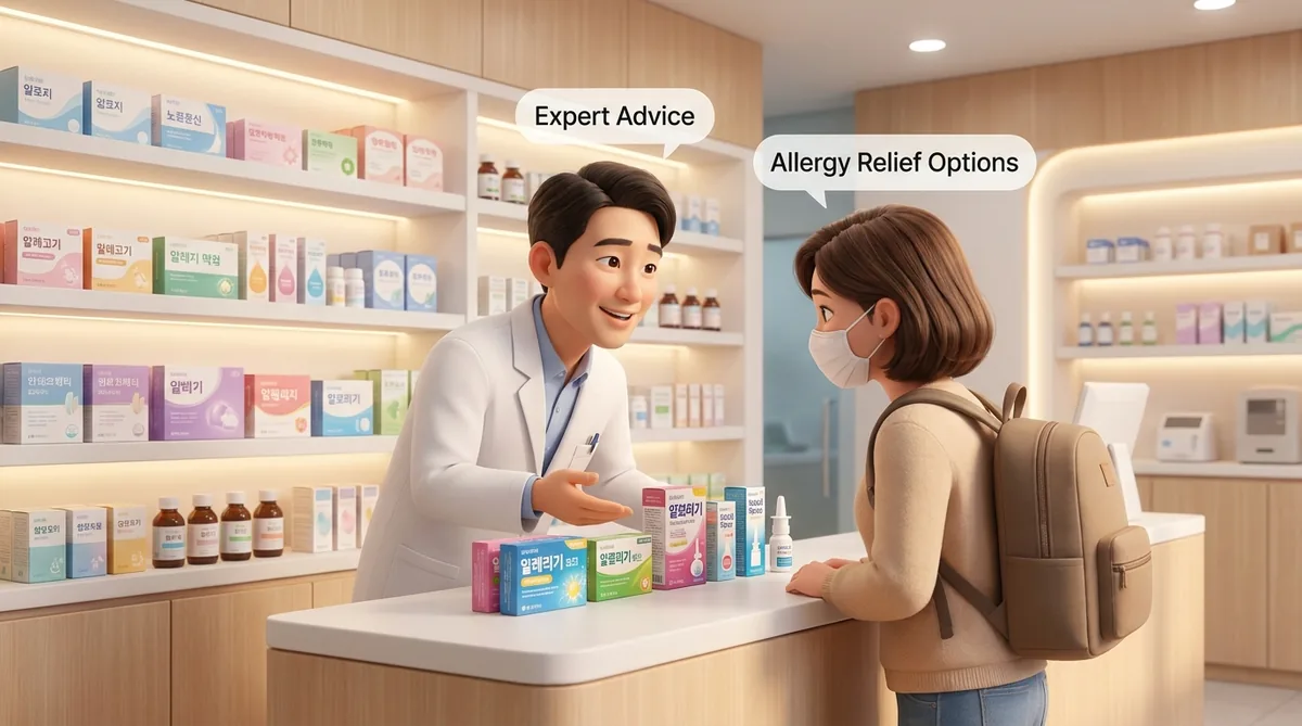 A pharmacist provides medical advice and dispenses medication to a customer.