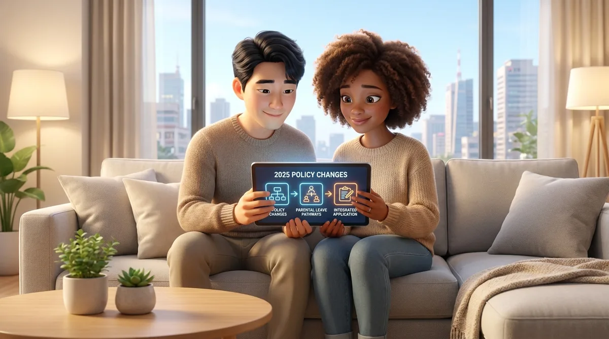 Two young adults sitting on a couch reviewing 2025 policy changes on a tablet.