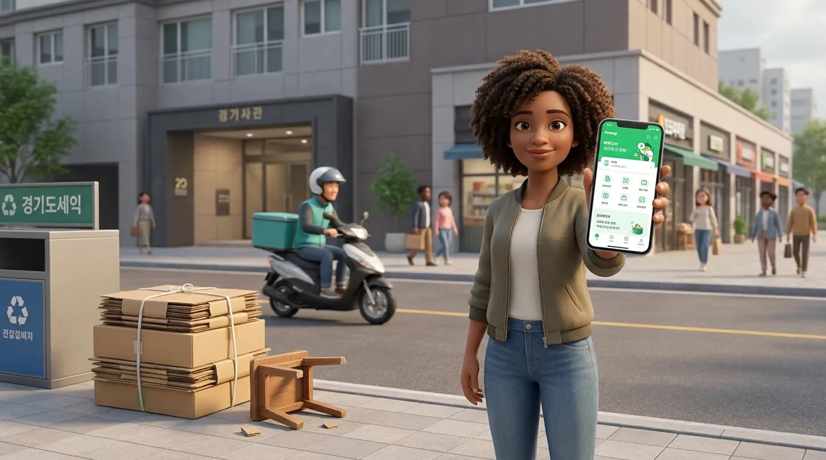 An illustrated woman holding up a phone showing a disposal app beside cardboard boxes on a city street.