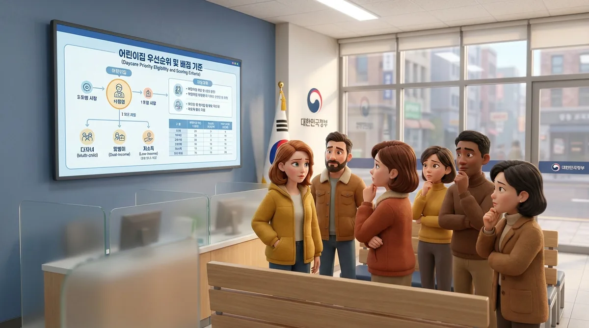 Group of animated people standing in government office viewing childcare eligibility information on wall screen