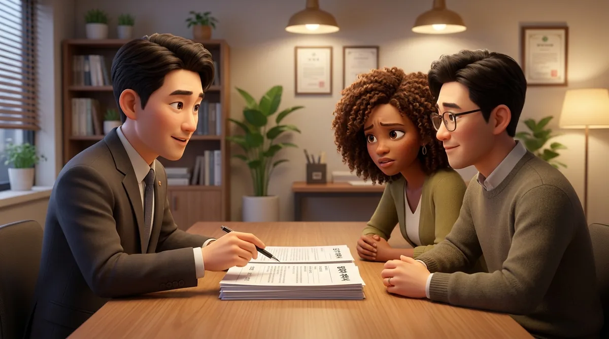 Three animated professionals sit at a wooden table reviewing documents in an office.