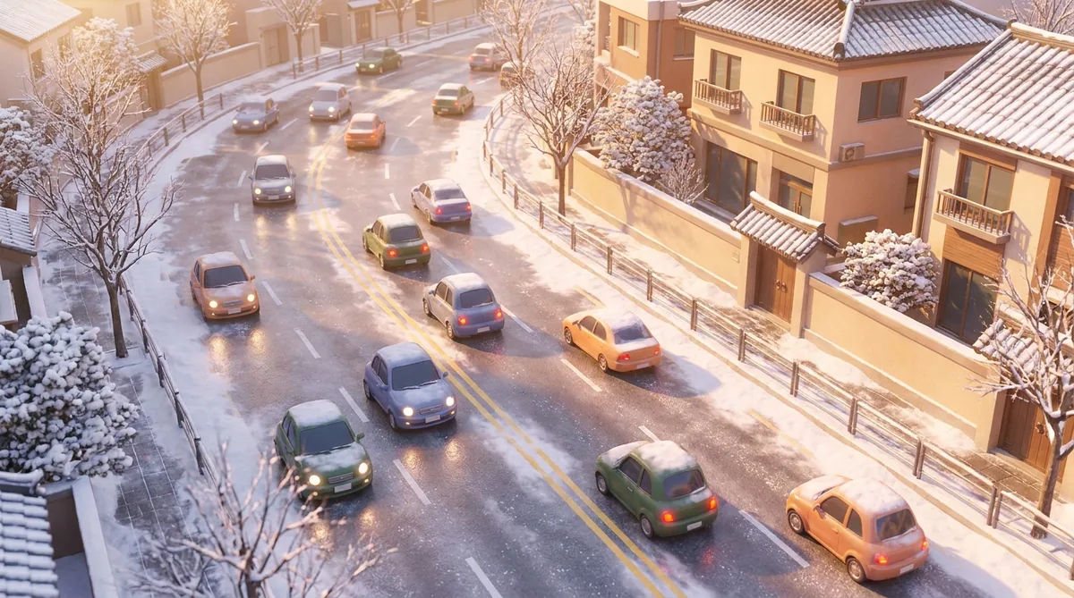 Cars maintaining a safe following distance on a snowy road.