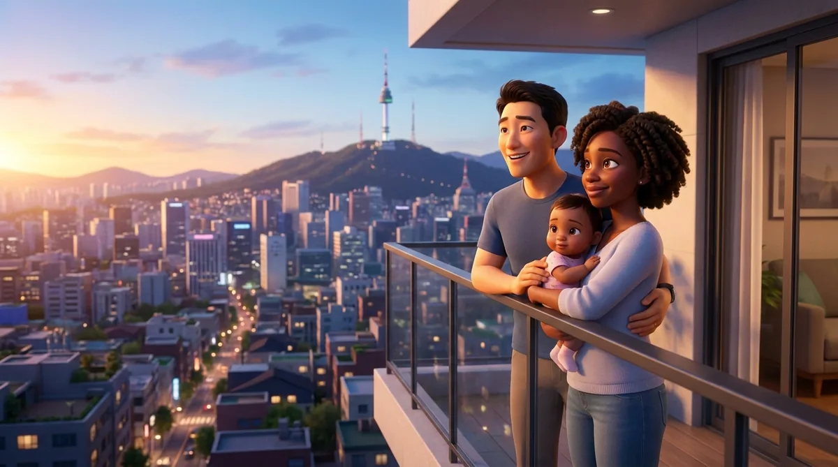 Three young professional expats are walking happily through a modern Seoul city street.