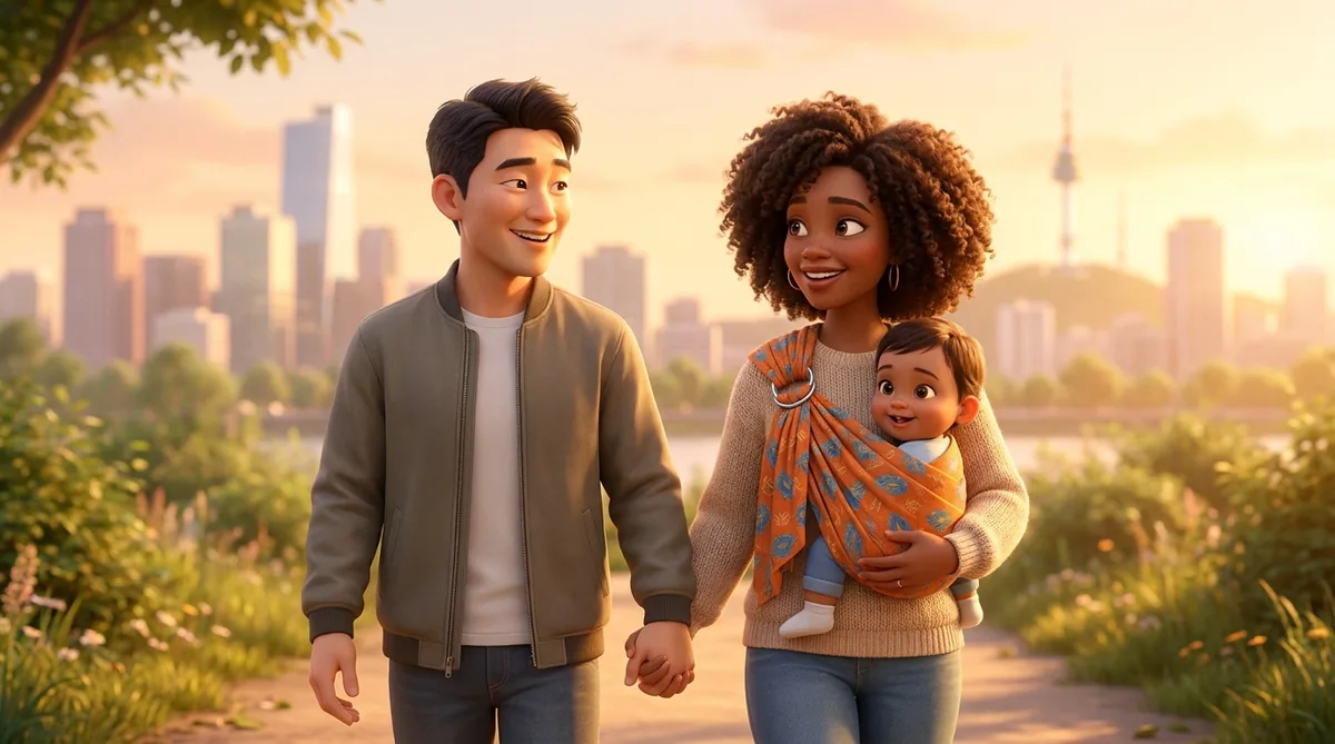 A multi-ethnic family laughing and embracing on a sunny day in Seoul.