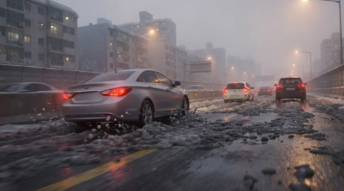 A car skidding on a slushy road, losing control.