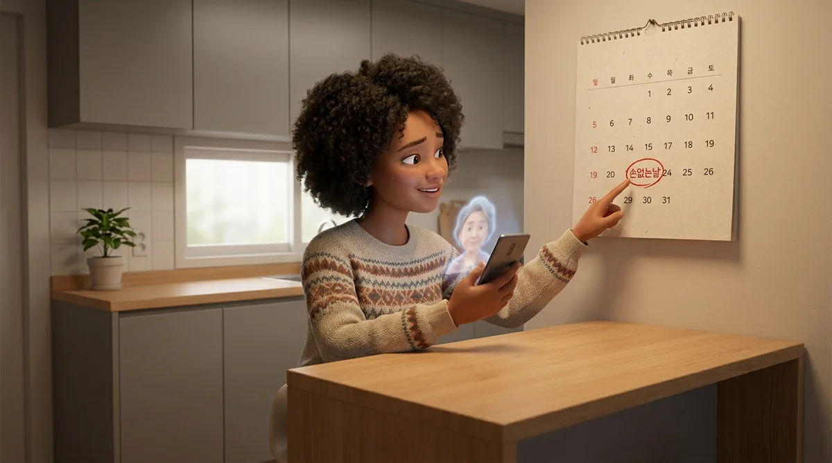 Woman in patterned sweater holding phone pointing at Korean calendar