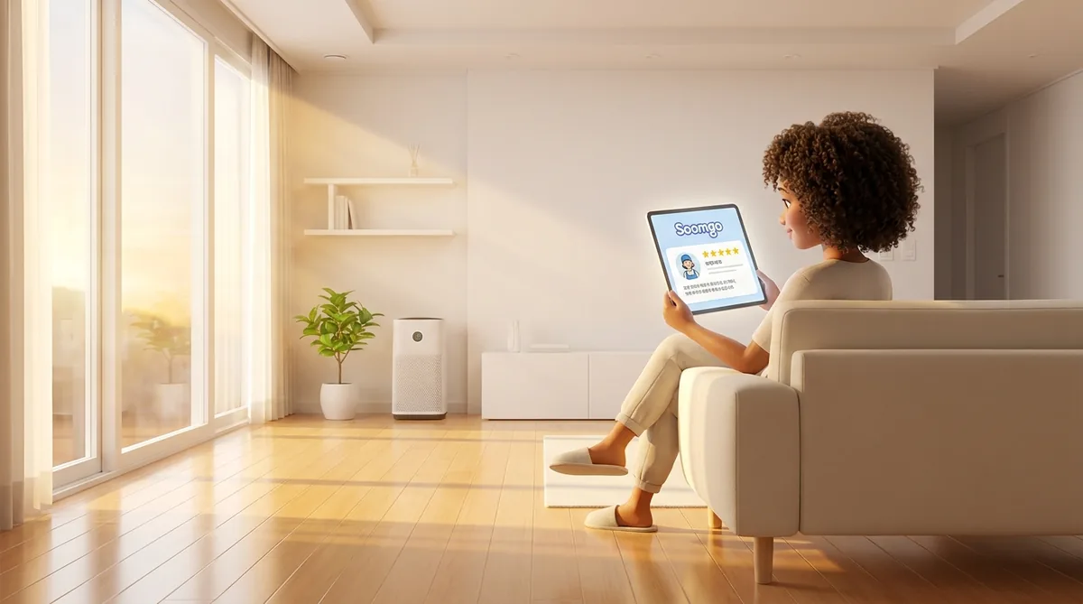 Woman sitting on couch reviewing five-star service rating on tablet