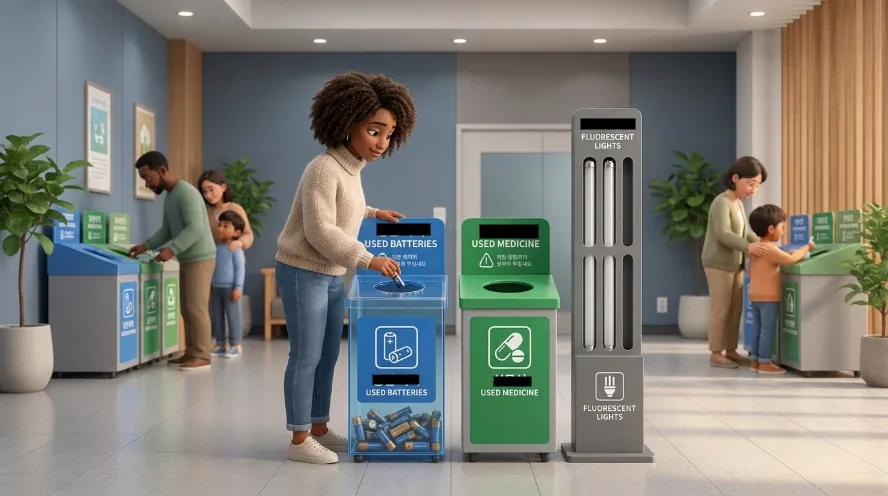A woman dropping used batteries into a blue collection bin at a community center as other families sort waste nearby.