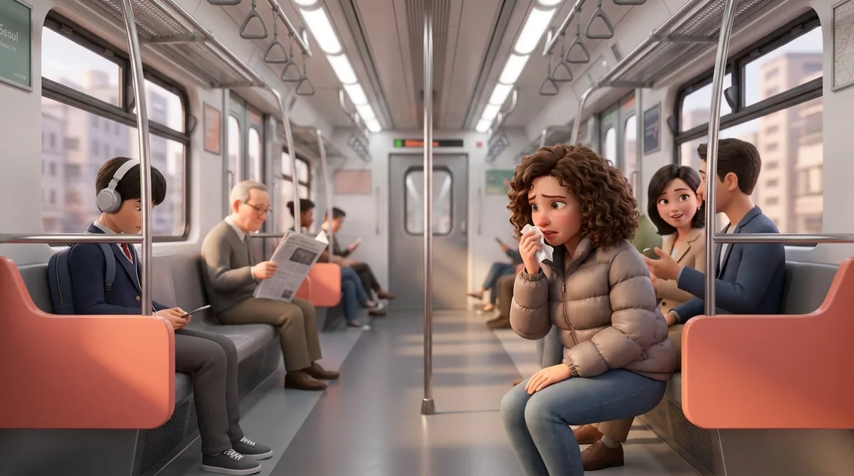 A person sitting on a subway train holds a tissue, experiencing allergy symptoms.