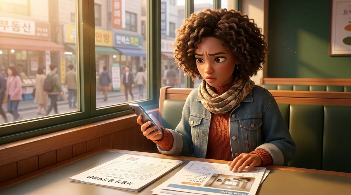 Animated character with curly hair sits at desk holding phone, looking at documents.