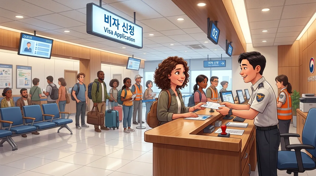 An individual speaks with an official at a modern visa application office counter.
