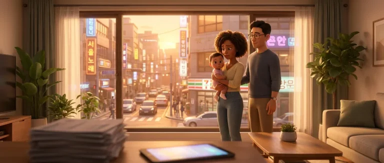 A worried father embraces his wife, who holds their baby, looking concerned.