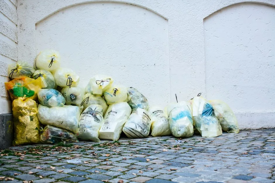 Several yellow waste bags stacked against a white textured wall on a cobblestone street.