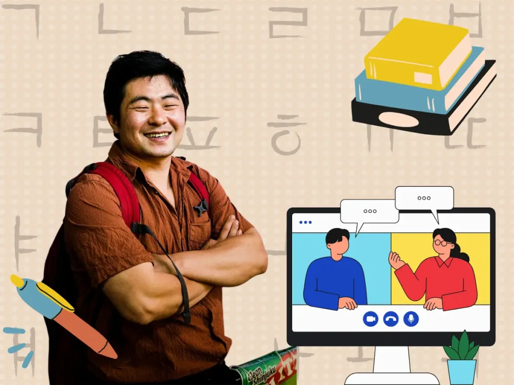 Online Korean lesson illustration: tutor Jin beside a video-call screen