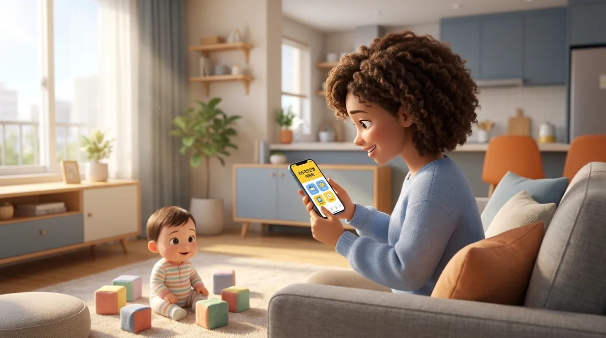 スマートフォンアプリで家計管理する母親と積み木で遊ぶ幼い子ども