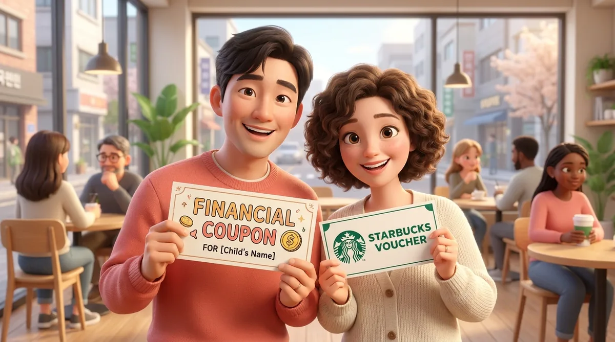 Two animated characters holding financial coupon and Starbucks voucher indoors.