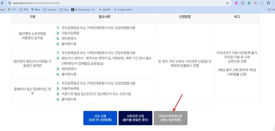Korean language guide showing discount categories for airport parking with eligibility criteria.