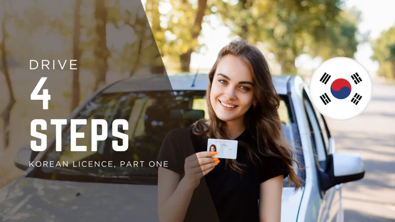 A smiling young woman holding a driver's licence beside a car, with a Korean flag badge