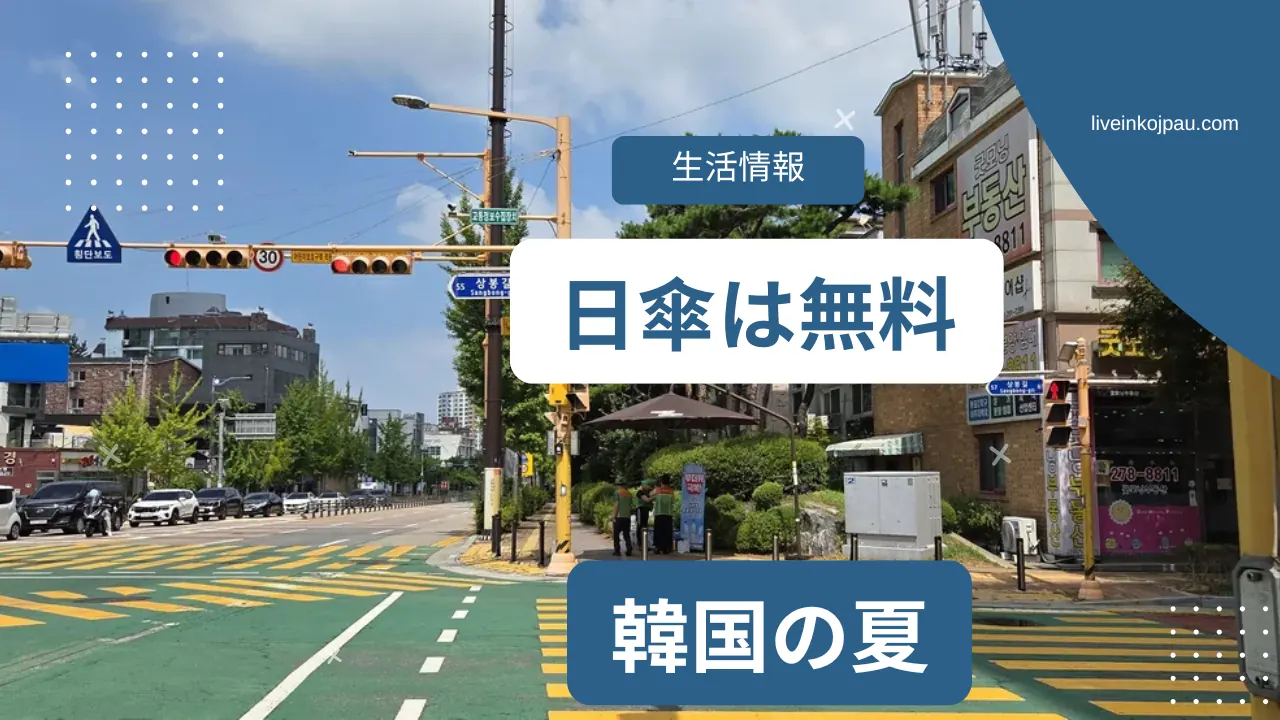 韓国・華城市の横断歩道に設置された日傘と、夏の日差しに照らされた街並み。