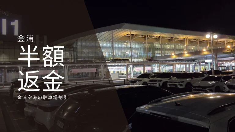 夜の金浦空港国内線ターミナルを、車が並ぶ駐車場越しに見た様子。