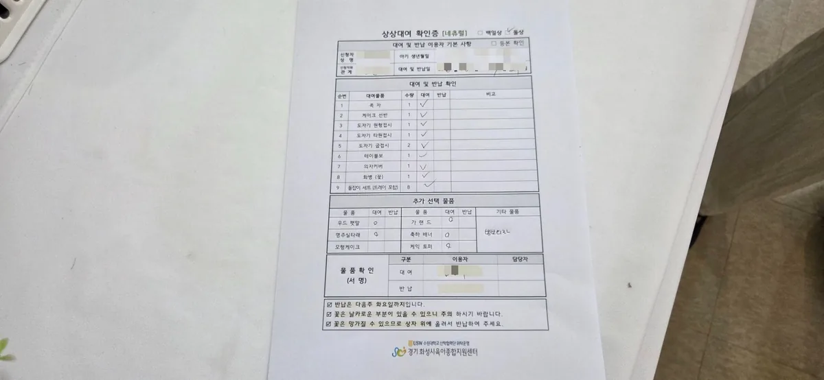 Rental confirmation slip for the natural-style dol table set, with each item ticked off against the checklist.