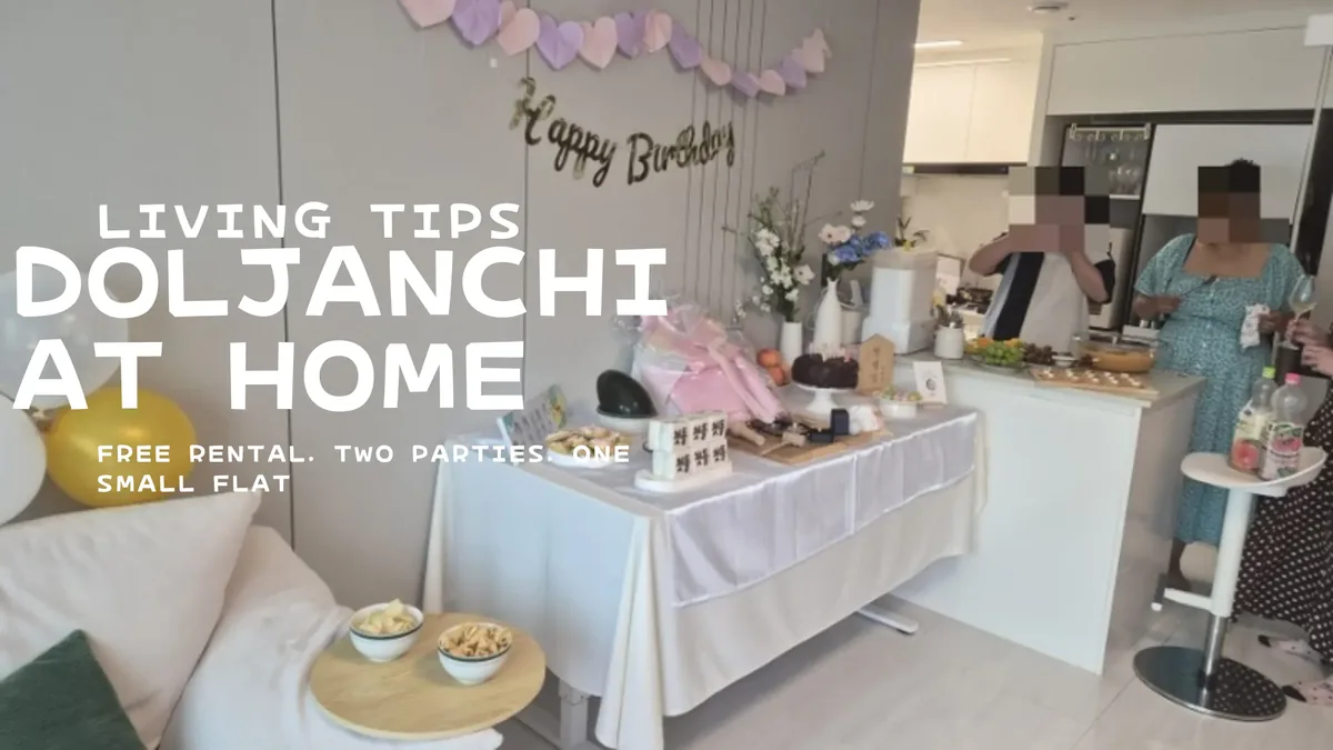 Banner reading Doljanchi at home — free rental, two parties, one small flat — over a photo of our living room set up for our daughter's first birthday party.
